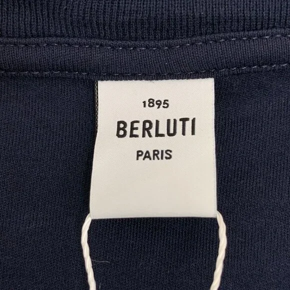 CM0379 Berluti Navy Blue Pocket T-Shirt With Logo Detail Crew Neck Short Sleeves